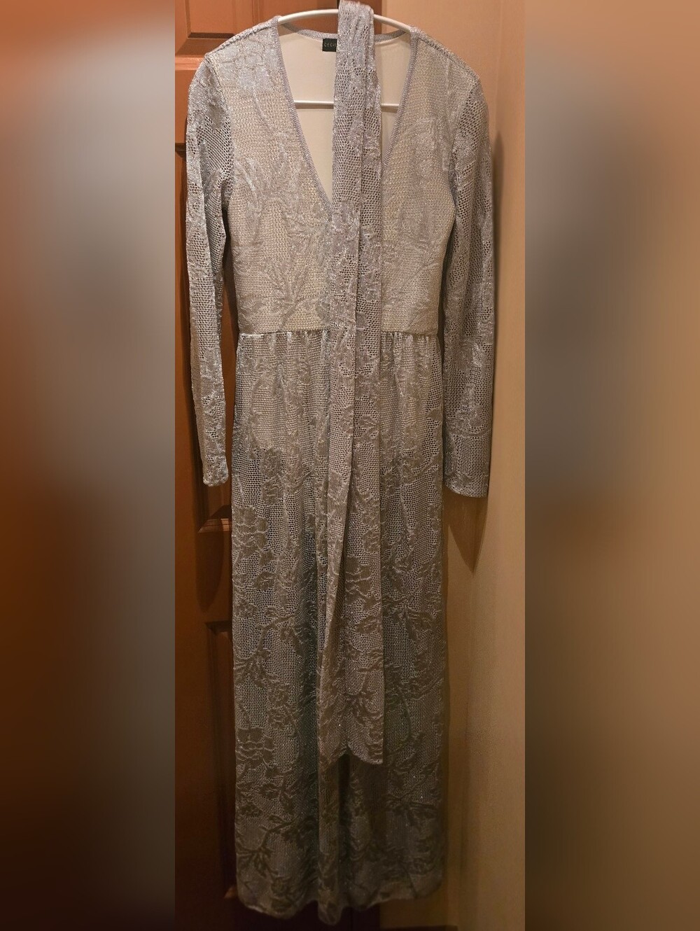 Long chrochet/lace Maxi Dress with Sash - Light Silver Gray